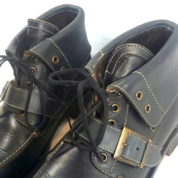 Vintage Johnston & Murphey Black Leather Foldover Boots With Buckle - Picture 6 of 10